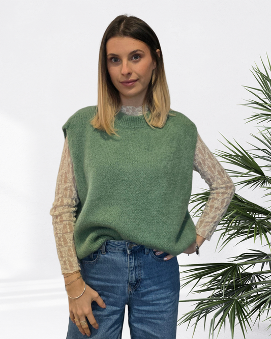 Pull Sans Manche en Maille Mohair - Vert Amande