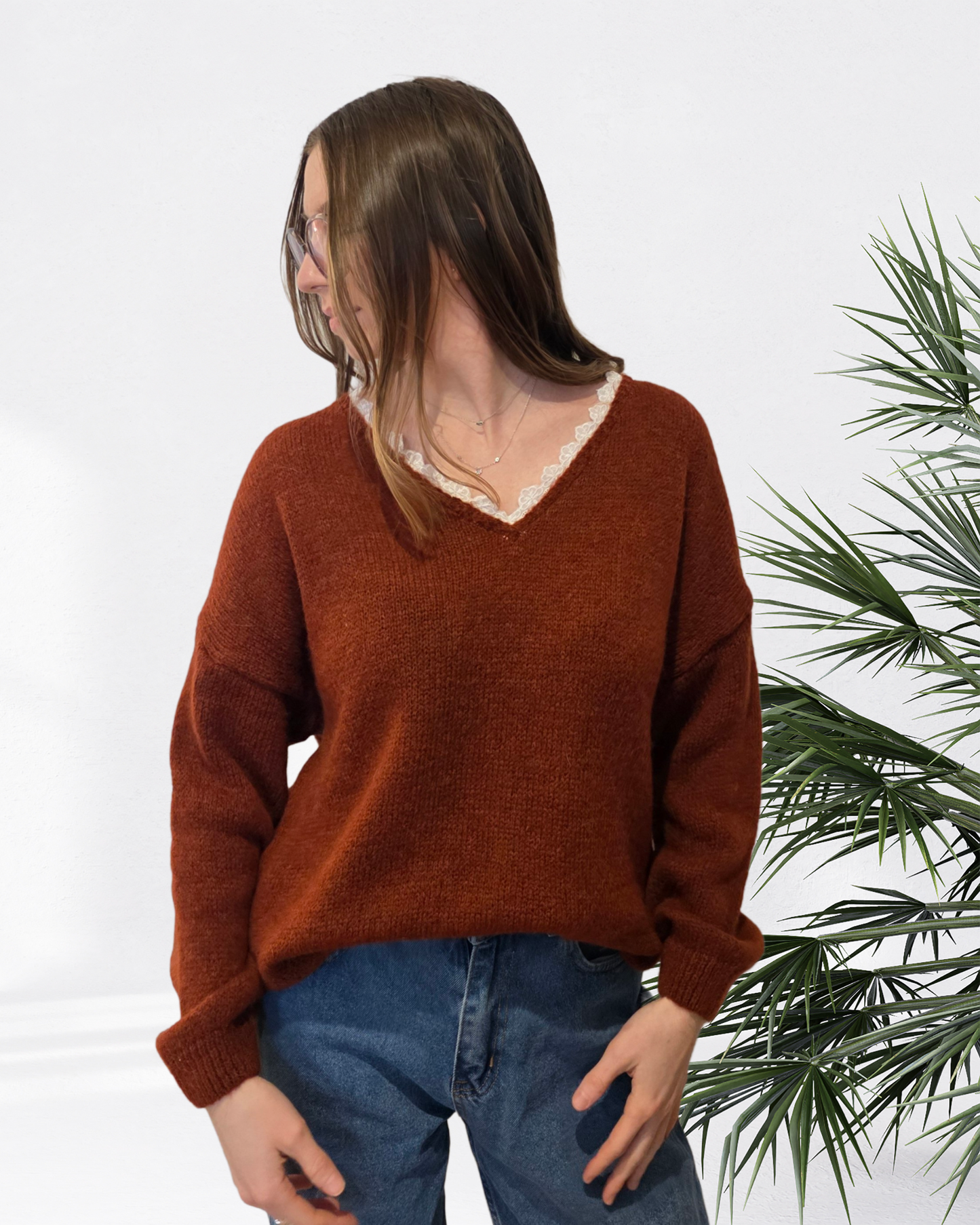 Pull Col V Douillet Dentelle
